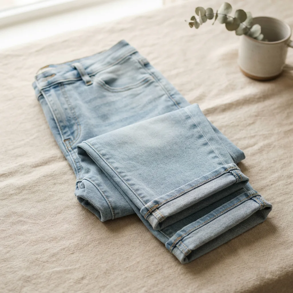 A pair of light-wash petite denim capris folded on a warm neutral backdrop.
