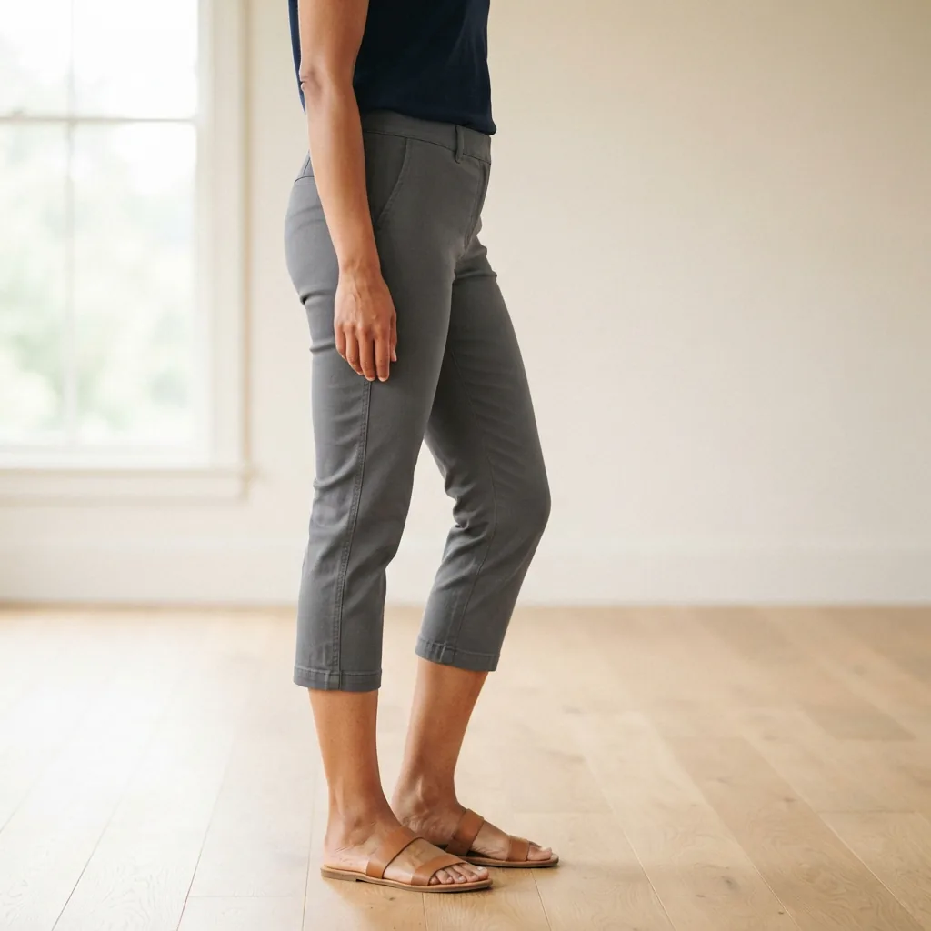 Woman standing in profile with a capri-length trouser hem resting at mid-calf to show length.