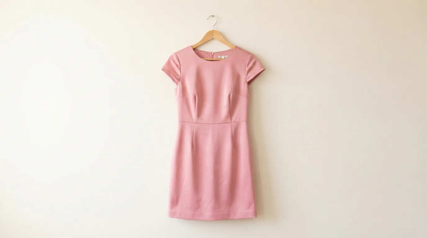 Kim Rogers pink polyester cocktail dress hung alone on a wooden hanger against a light wall
