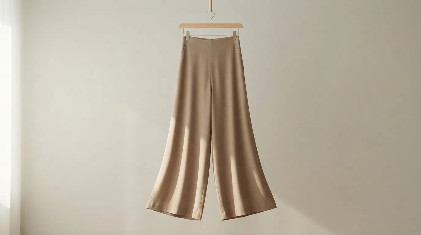 Women's wide-leg pants hanging to show the fluid wide leg opening