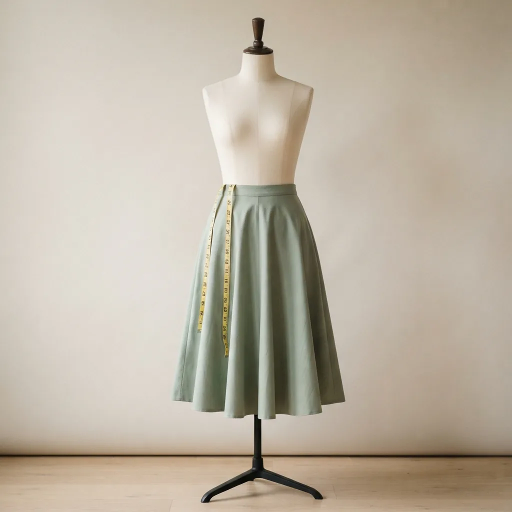 A measuring tape resting on an unbranded A-line dress skirt displayed on a tailor's dress form