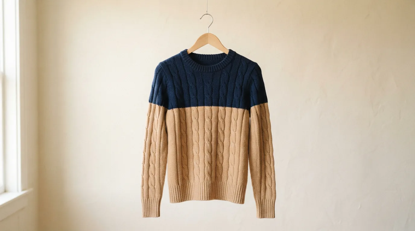 Two-tone colorblock cable knit crew neck sweater hanging against a warm wall