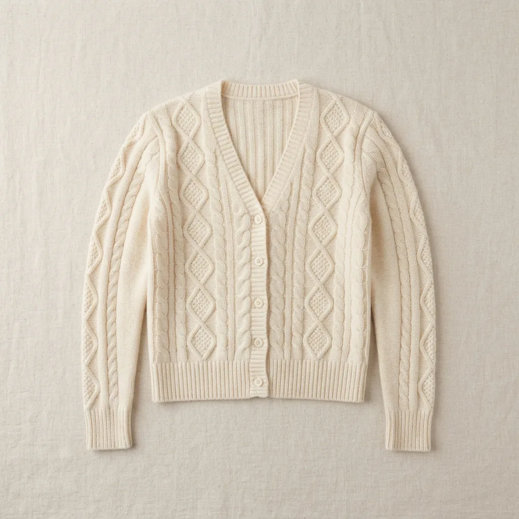 A petite cable knit cardigan laid flat showing its hem and sleeve length