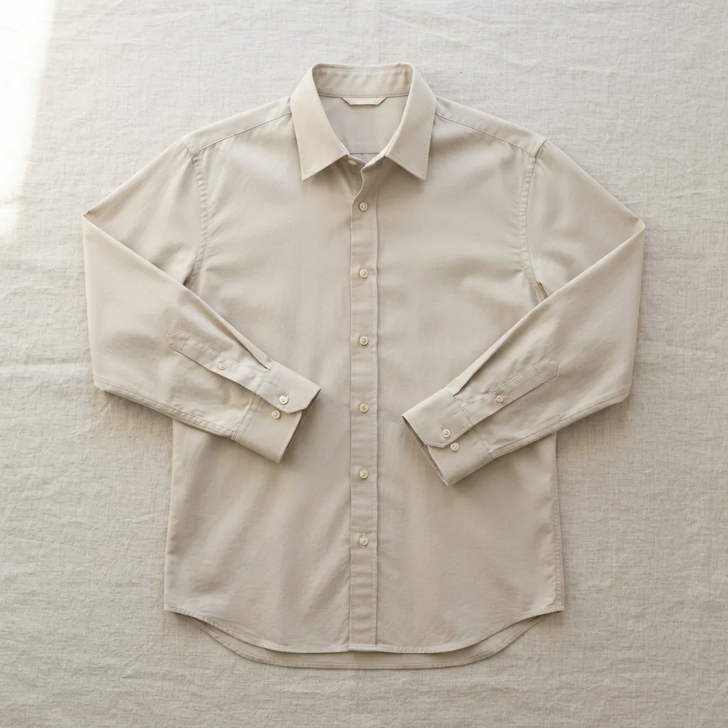 Classic fit button-down shirt in easy-care fabric laid flat on a light surface with sleeves folded