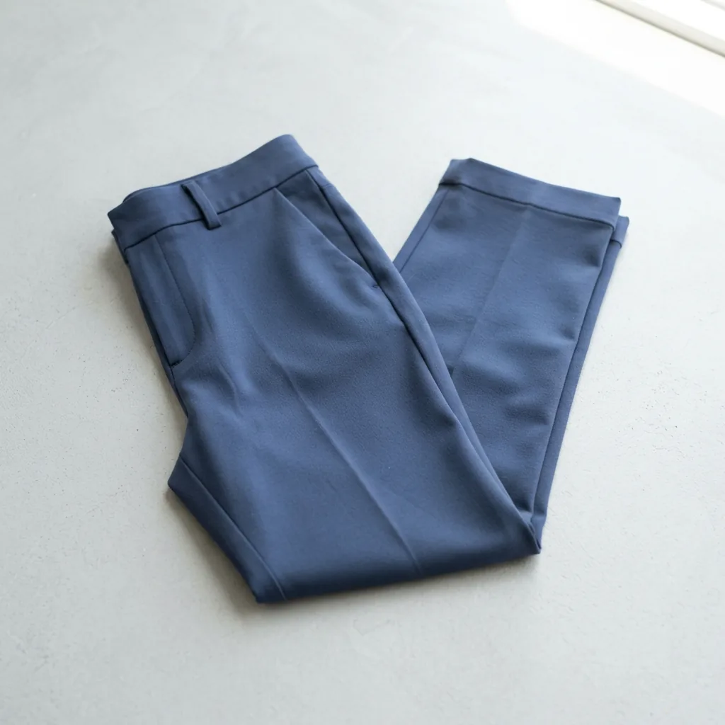 Folded petite-length women's stretch trousers showing the shorter inseam on a light surface