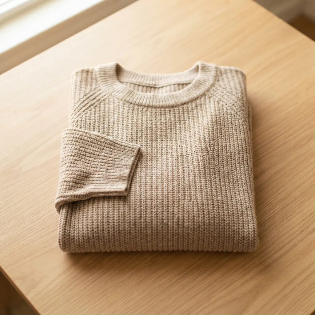 Kim Rogers knit top laid flat on a light table showing soft fabric texture