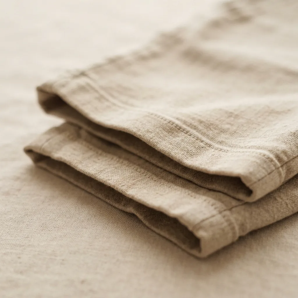 Close view of folded women's short legs showing stretch fabric, weave texture and stitching