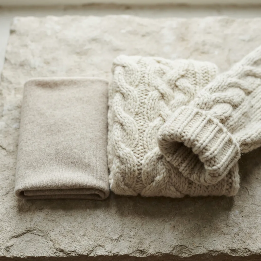 Lightweight and heavy knit fabric samples stacked to compare sweater warmth