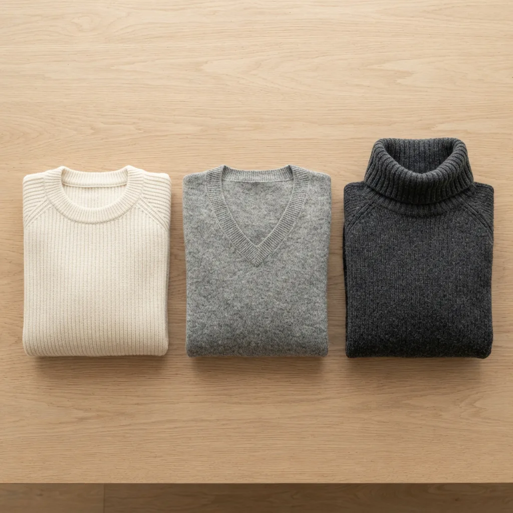 Three knit neckline styles laid side by side for comparison on a light table