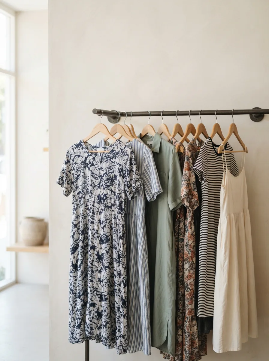 Rack of women's everyday dresses in varied lengths and prints on a bright store rail