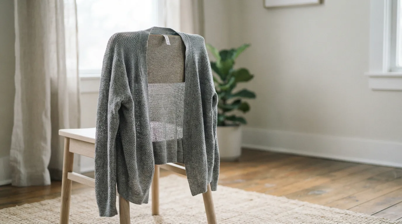 Grey lightweight open knit cardigan sweater in size 2X draped over a chair back