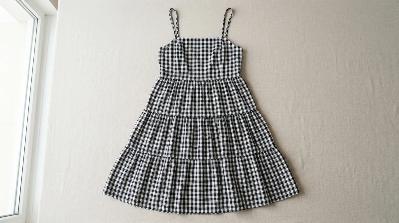 Kim Rogers black and white gingham tiered cotton sundress laid flat on a pale surface