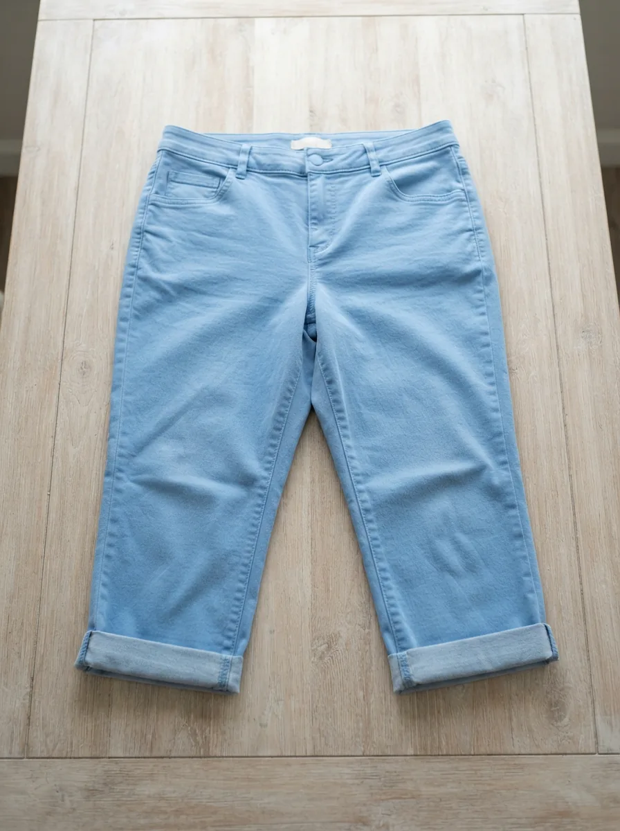 A pair of soft blue women's capri pants laid flat on a pale wooden table.