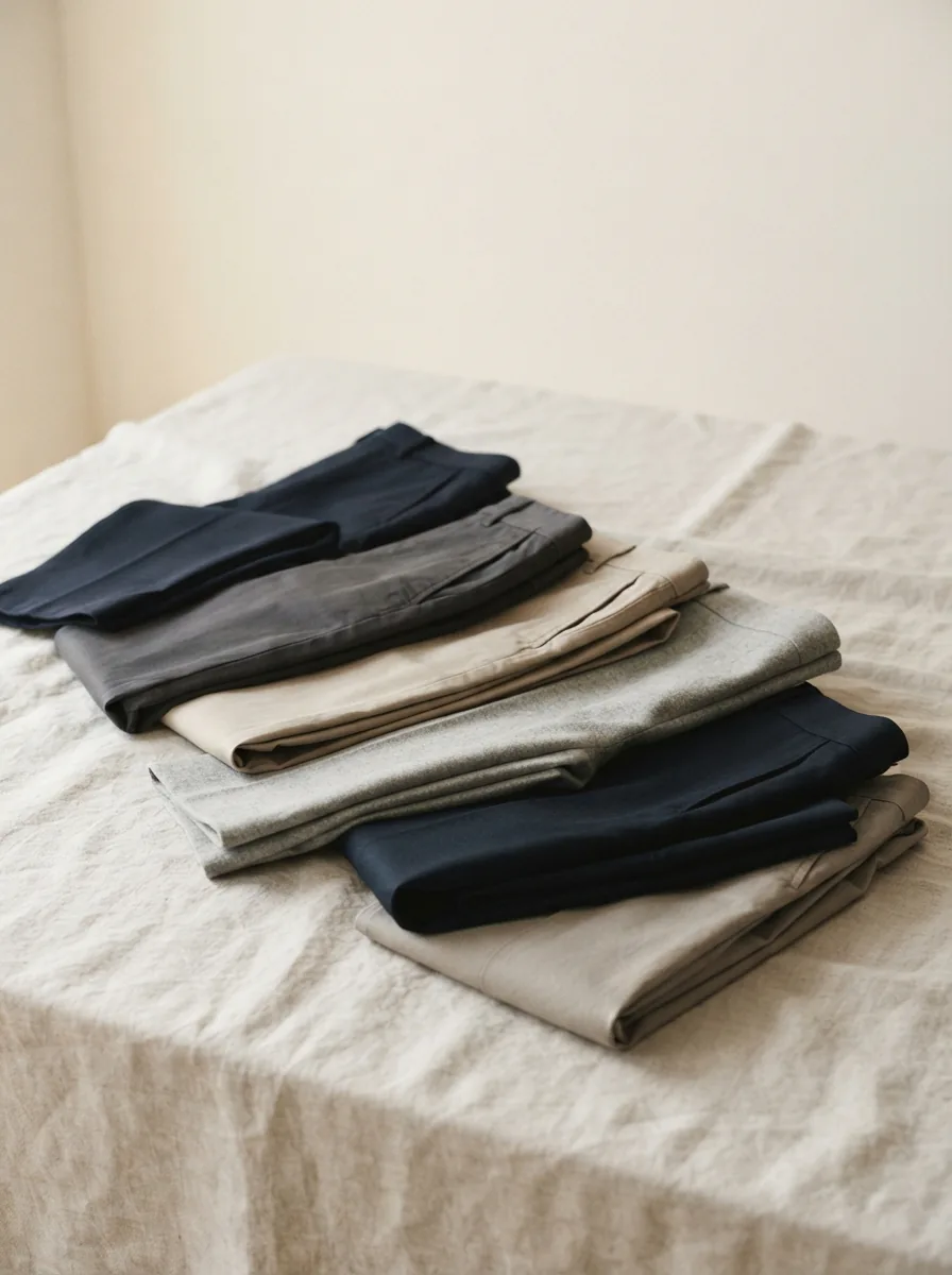 An assortment of women's pants in neutral tones folded and arranged on a light studio surface
