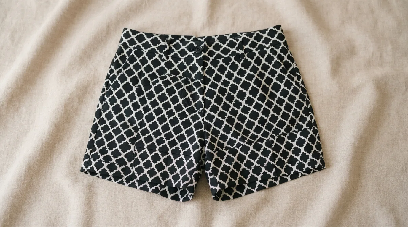 Black and white geometric lattice flat front shorts arranged on a soft beige backdrop