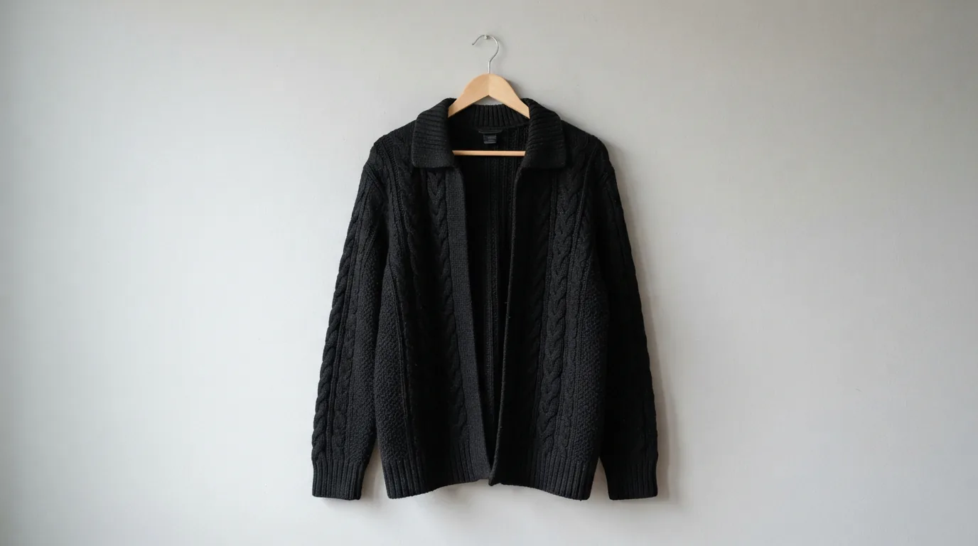 Black open front cable knit cardigan sweater with collar in size XL on a hanger