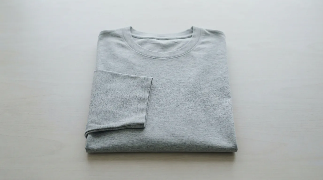 Long sleeve crew neck t-shirt folded neatly on a pale tabletop