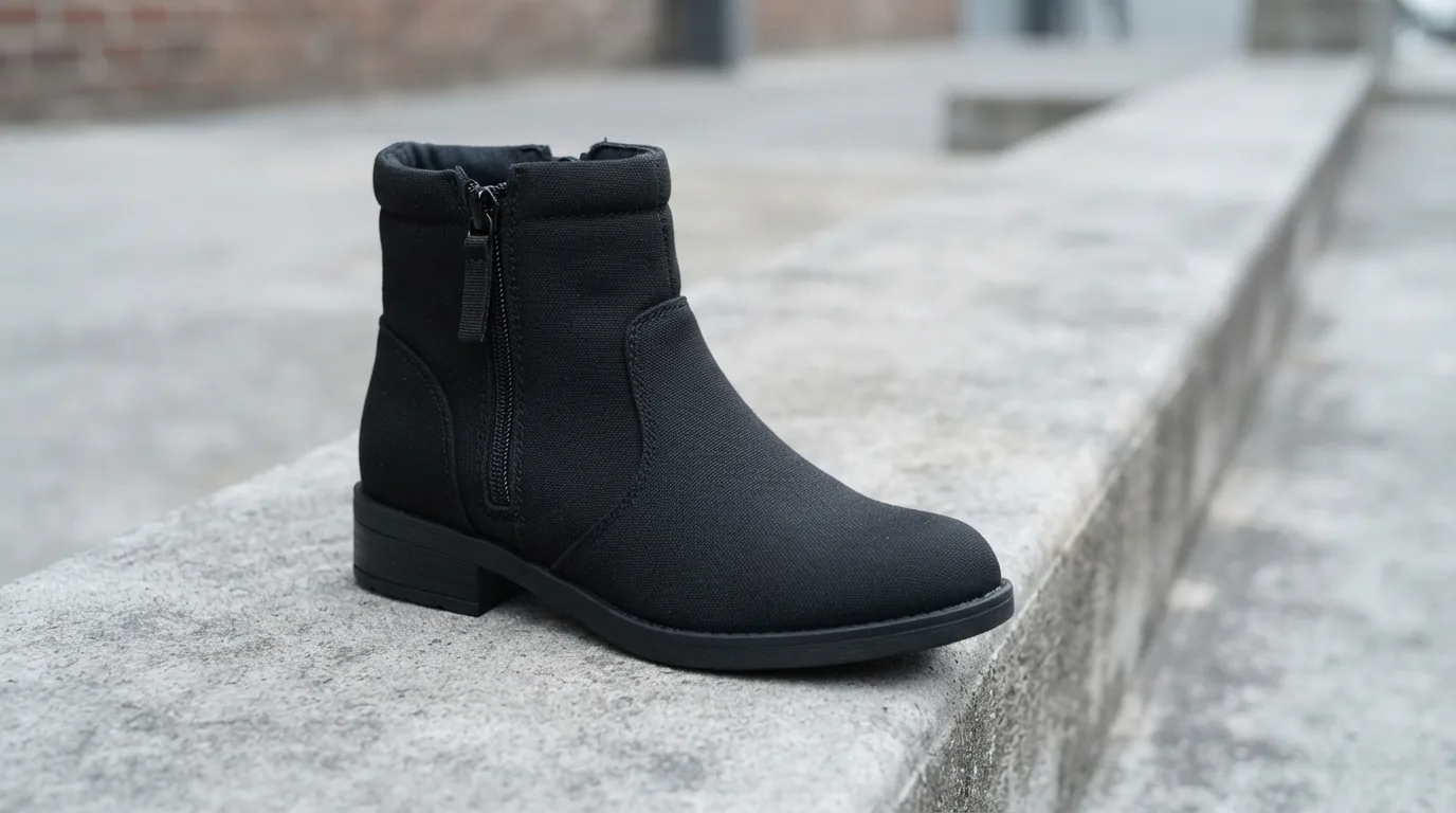 Black textile ankle bootie with side zip on a concrete step, no people