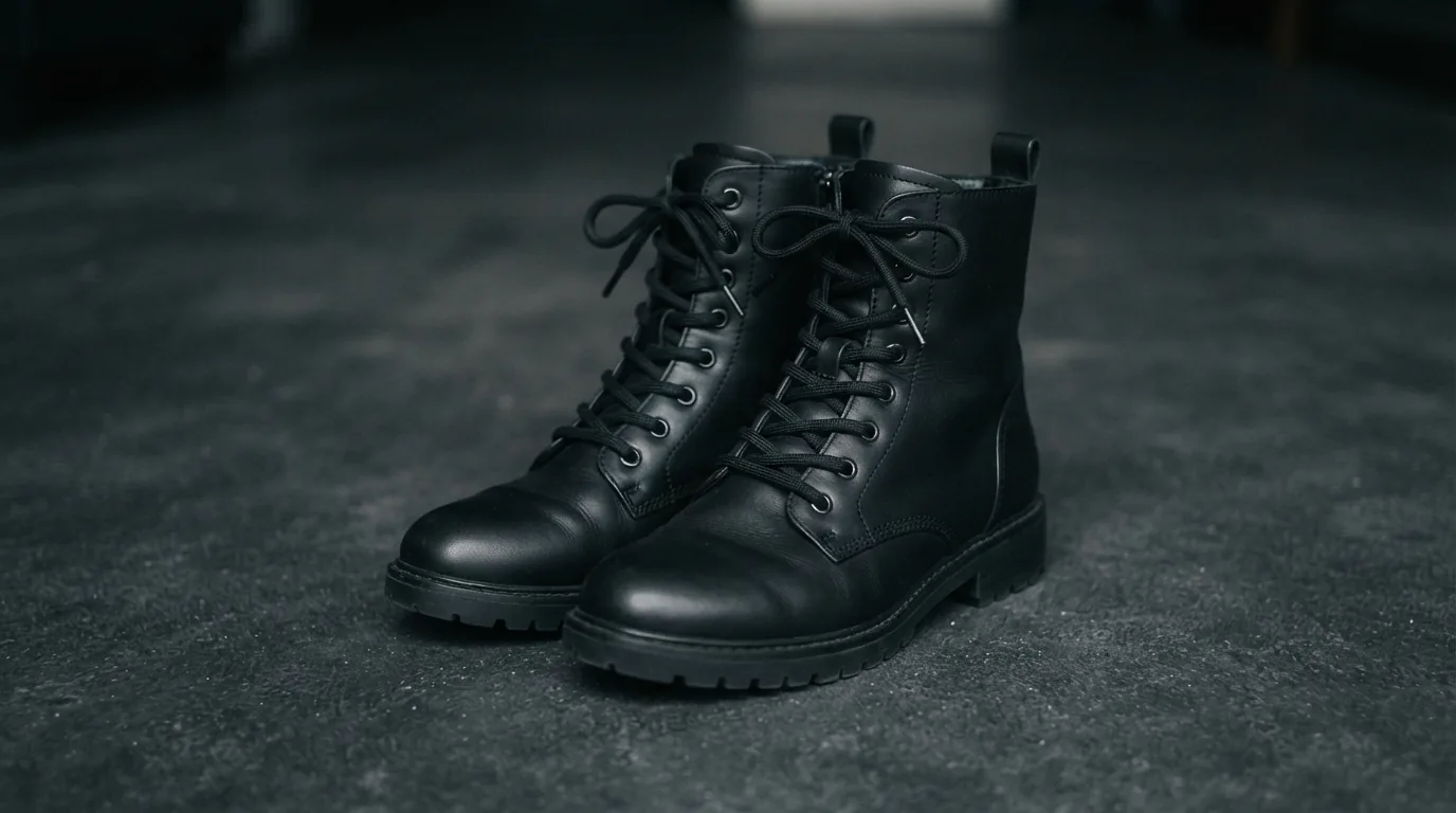 Black lace-up women's boots on a dark floor with laces neatly tied