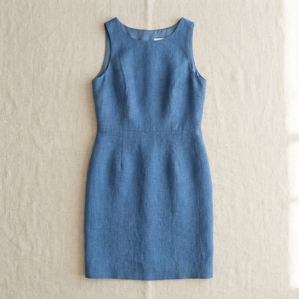 Kim Rogers sleeveless blue linen sheath dress with lining laid flat on a pale surface