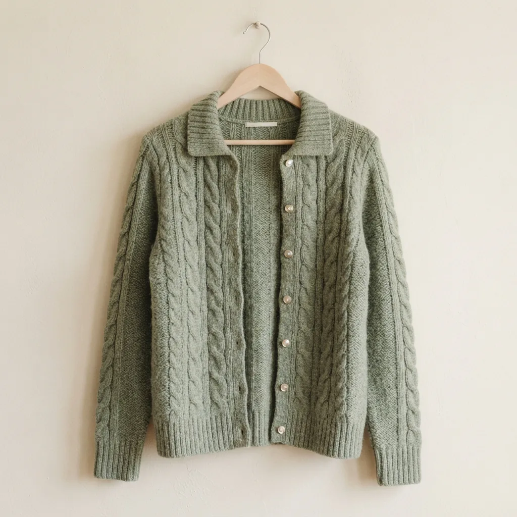 Open green cable knit cardigan sweater hanging on a slim hanger against a pale wall