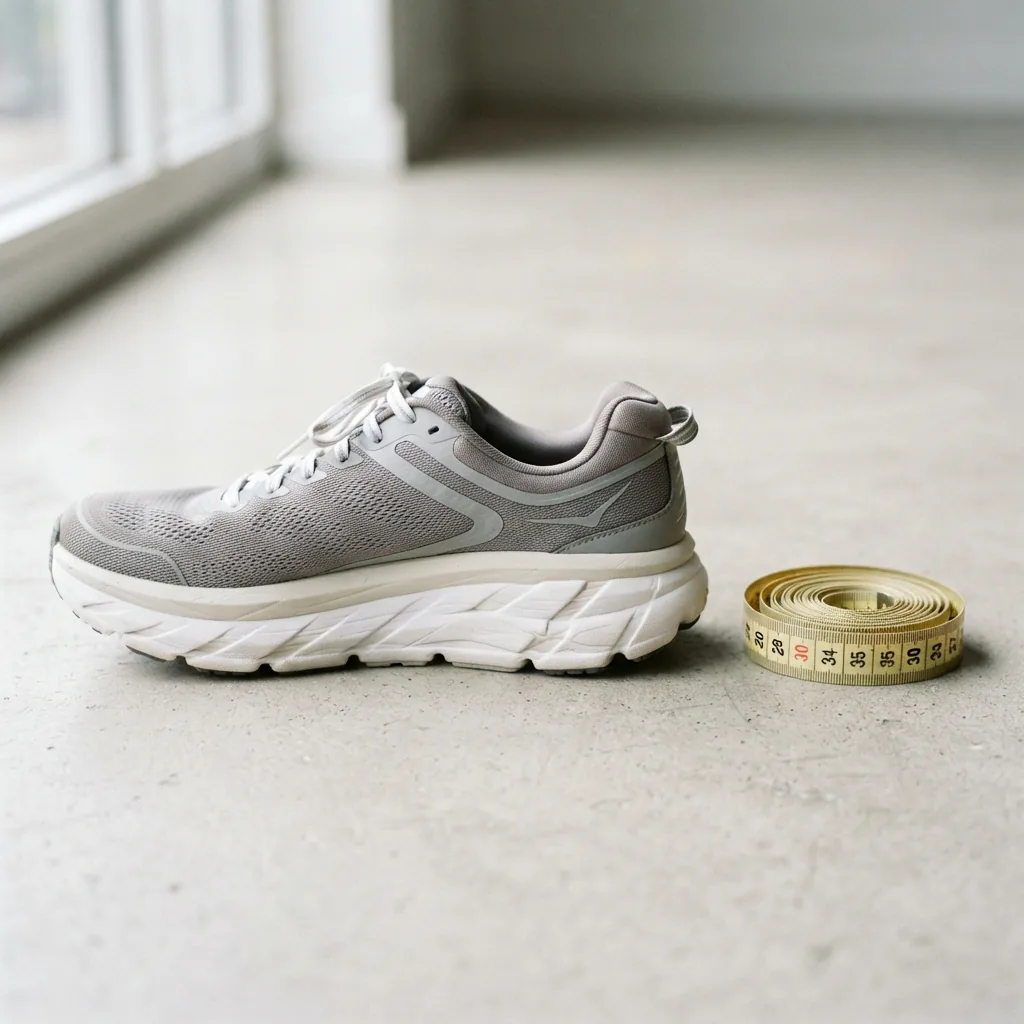 Close side view of a cushioned women's shoe sole beside a tape measure on a light floor