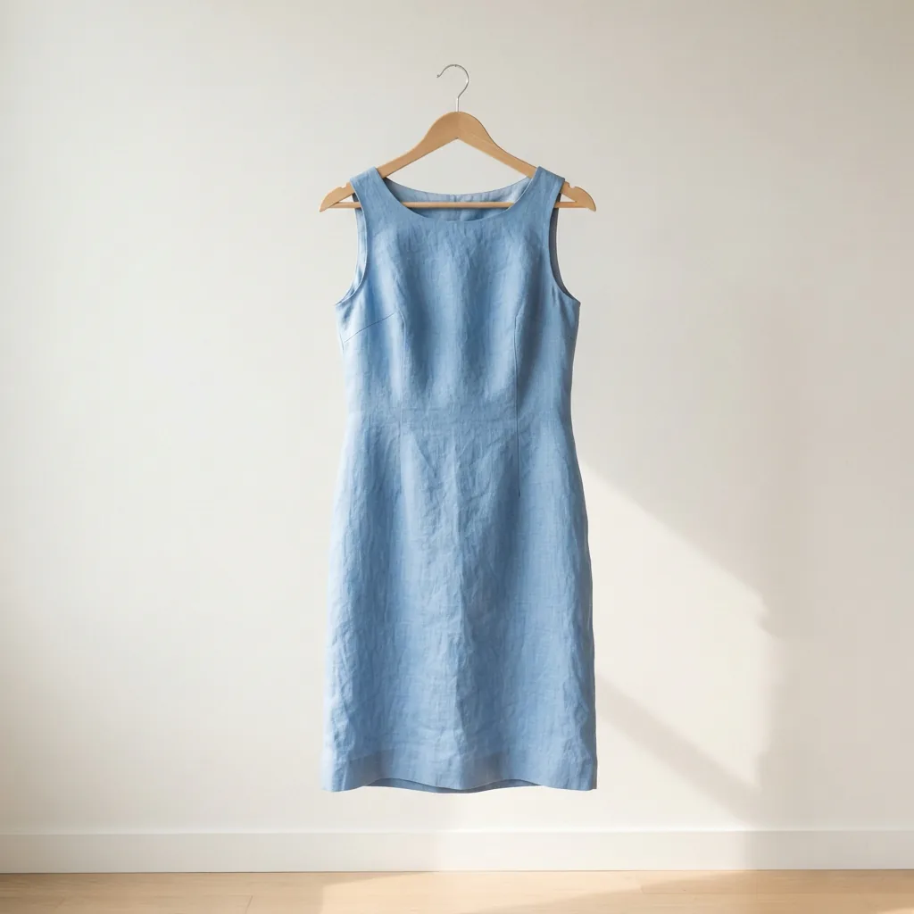 Sleeveless light blue linen sheath dress on a wooden hanger against a sunlit white wall