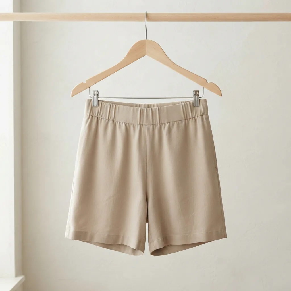Kim Rogers pull-on shorts hanging on a simple wooden hanger against a light wall