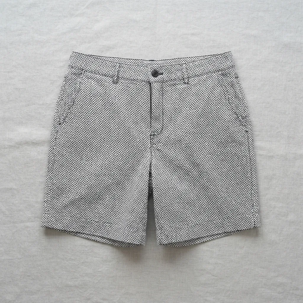 Plus size chino shorts in a black and white geometric print laid flat on a soft grey backdrop