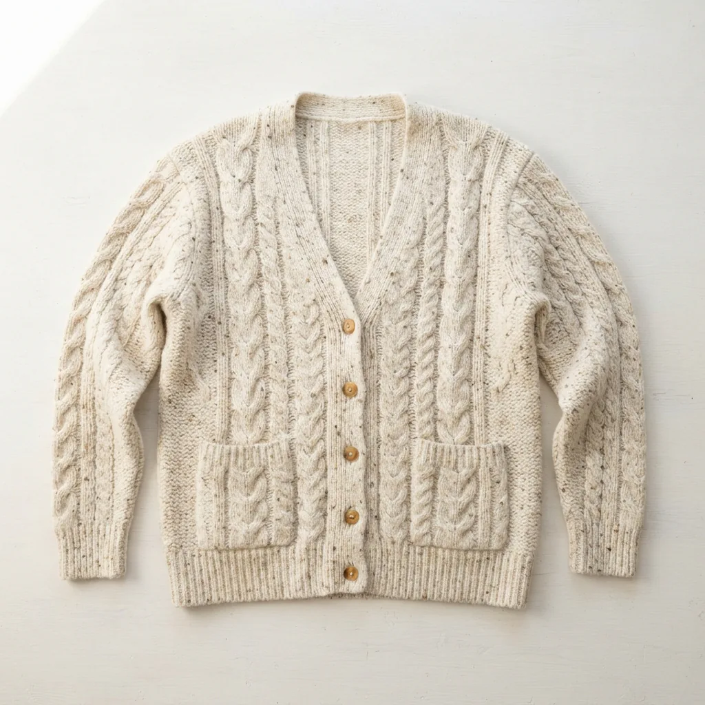 Ivory neps cable knit cardigan sweater with pockets laid flat on a light surface