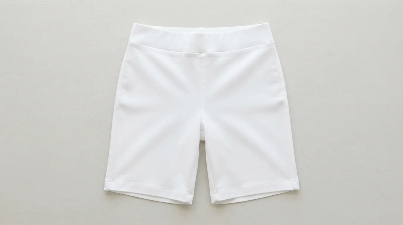 White pull-on Bermuda shorts laid flat showing a smooth stretch waistband