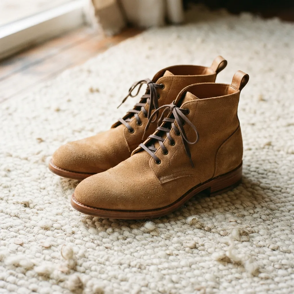 Suede ankle boots on a light rug showing the soft napped texture of the material
