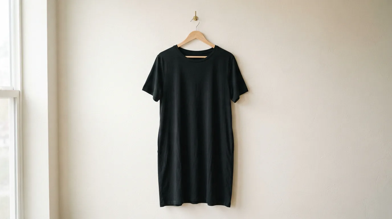 Kim Rogers black casual dress in size XL hung alone on a wooden hanger against a light wall