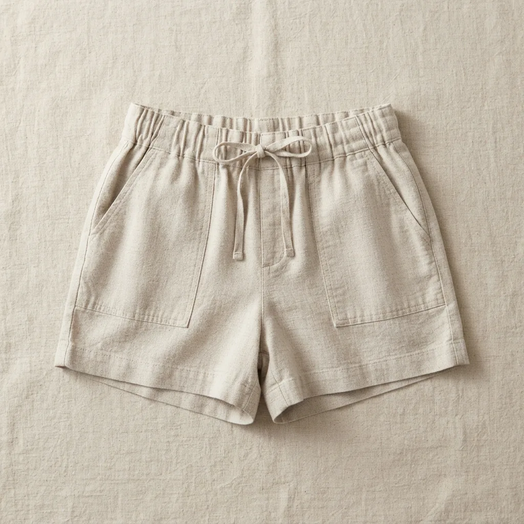 A pair of women's casual Kim Rogers shorts laid flat on a pale linen surface
