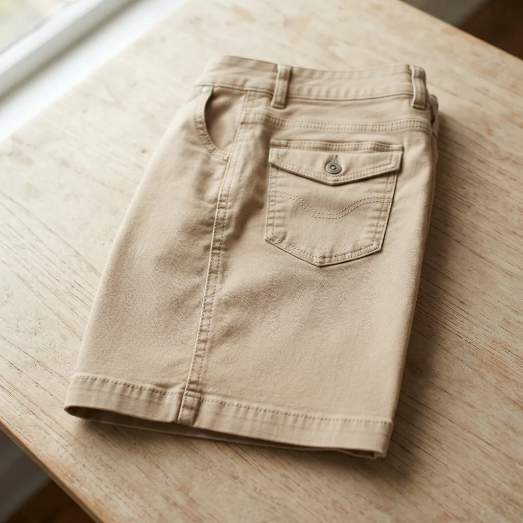 Beige five-pocket Bermuda shorts folded showing stitched back pockets