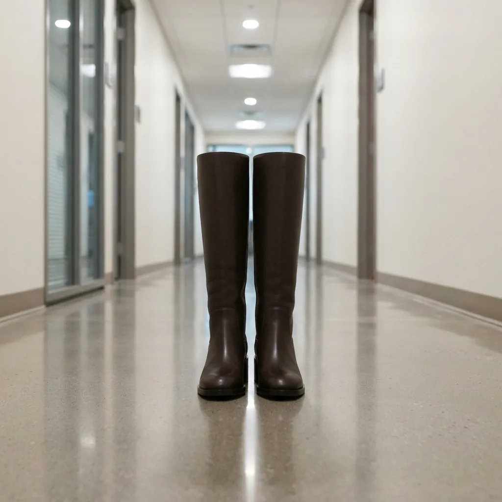 Sleek women's knee-high boots standing on a polished floor in an office corridor
