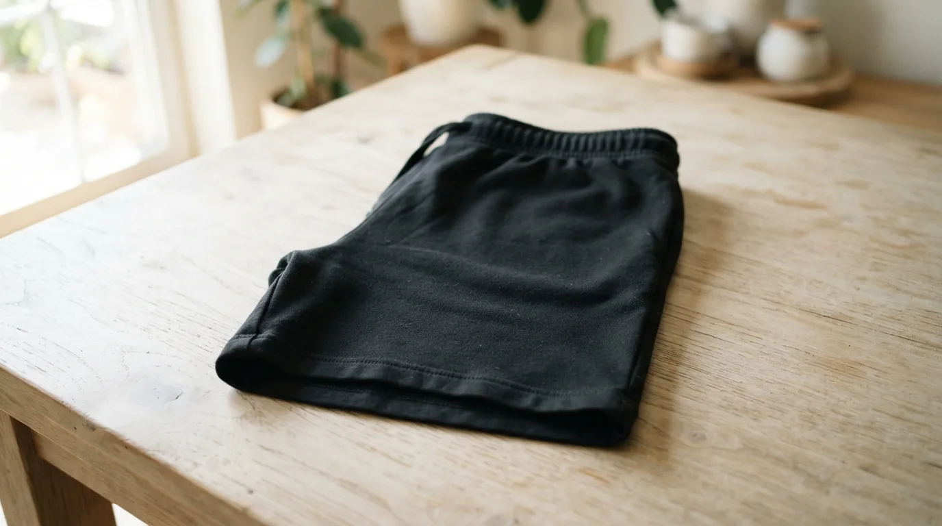 Black cotton spandex Bermuda shorts folded on a pale table