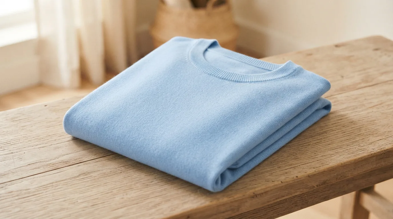 Light blue classic crew neck sweater folded in a neat stack on a pale wooden bench