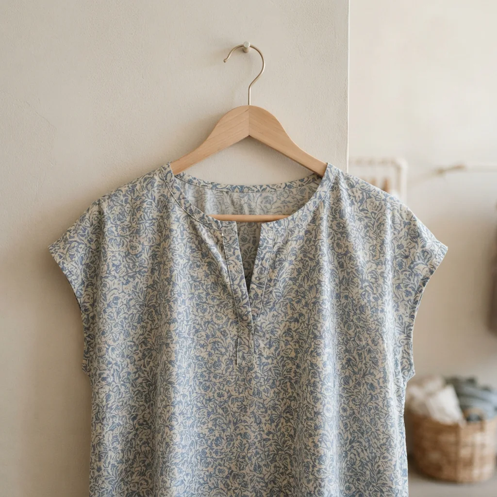 A printed split neck top on a hanger showing the open neckline