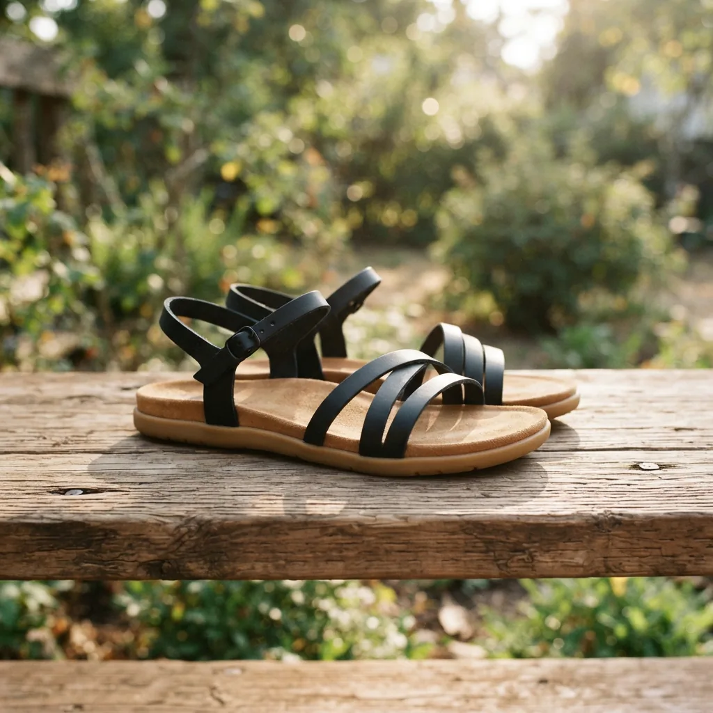 Women's summer sandals resting on a sunlit wooden deck, no people