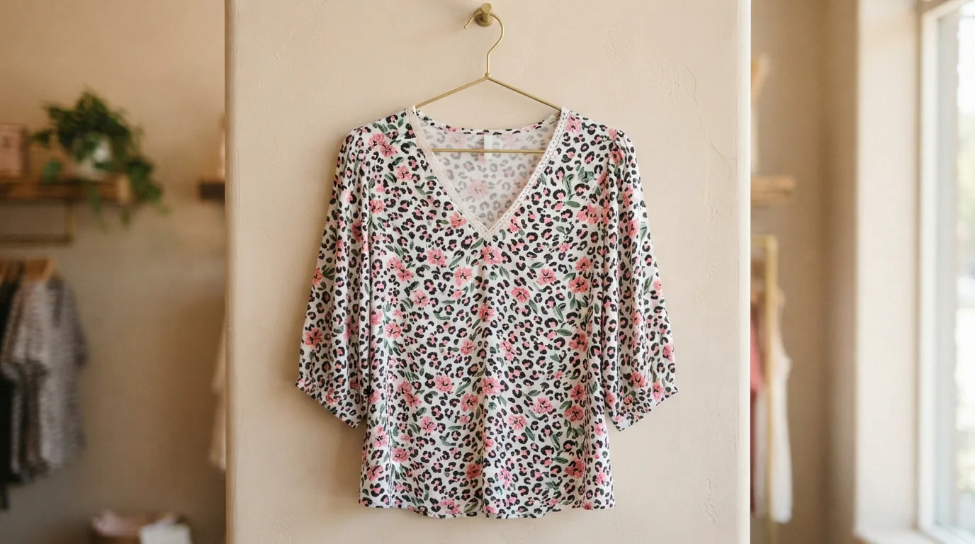 White, pink and black floral leopard V-neck top with three-quarter sleeves on a hanger