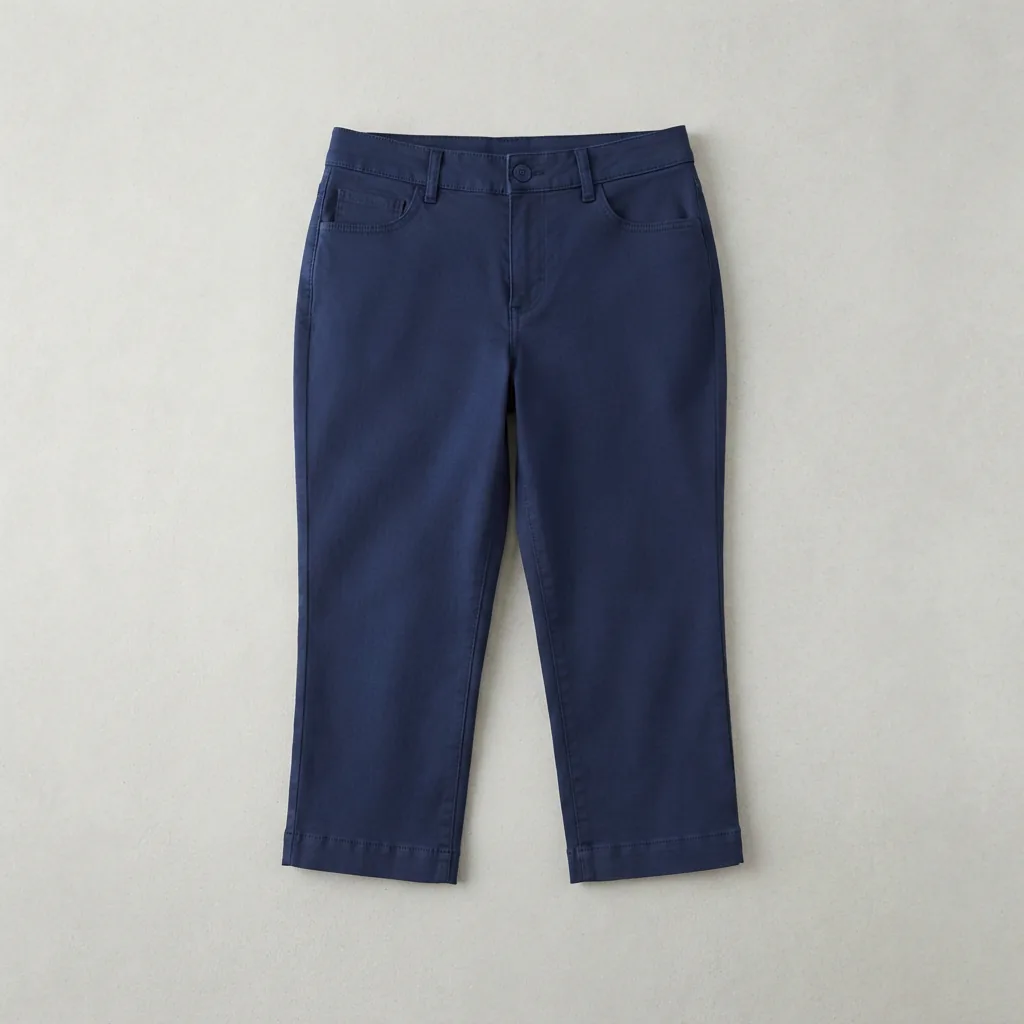 A pair of navy petite capri pants laid flat on a pale grey surface.