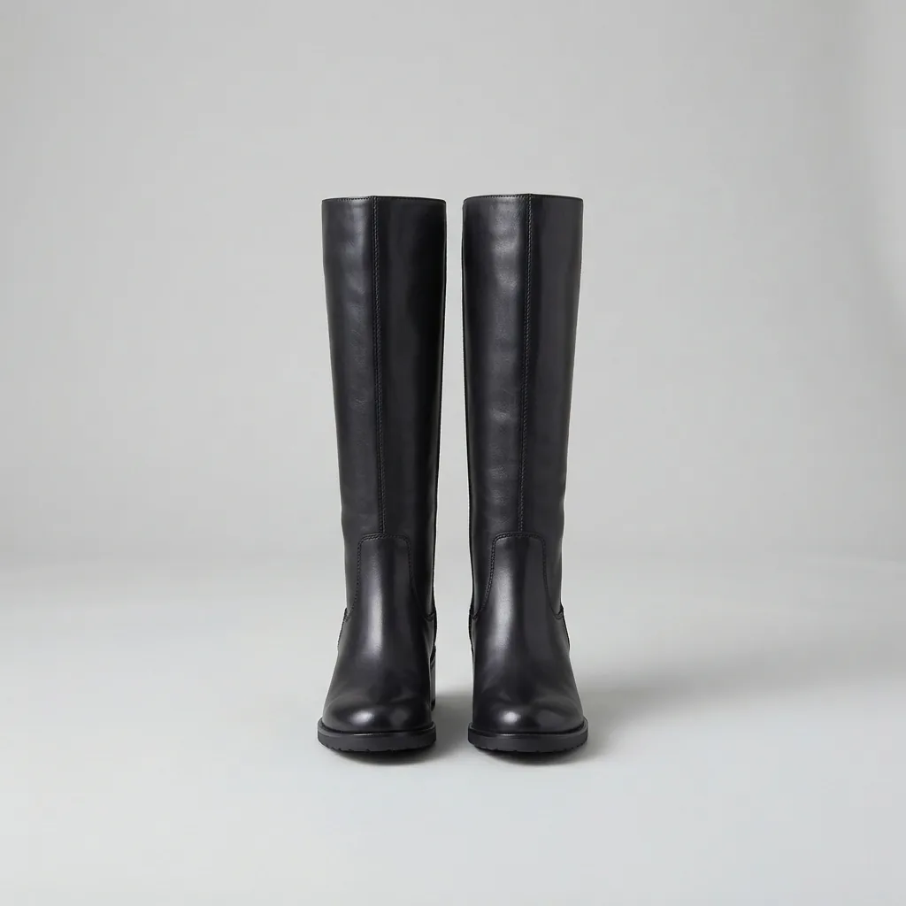 Pair of women's knee-high boots displayed on a pale studio surface