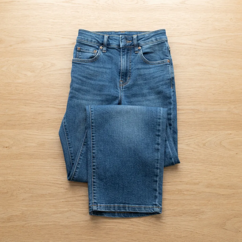 A pair of medium-wash denim capri pants folded on a light wooden table.