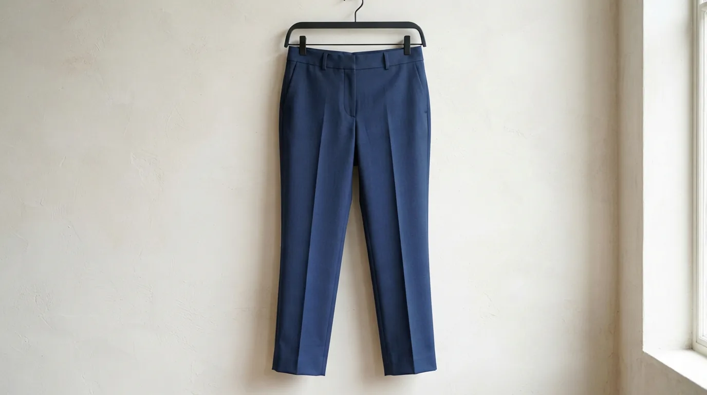 Blue women's dress trousers hanging against a pale wall with a sharp front crease