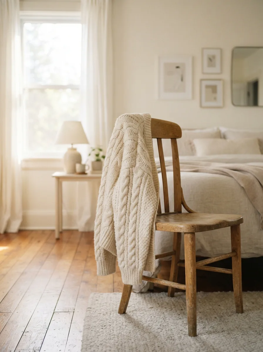 A cream cable knit cardigan draped over a wooden chair in a bright bedroom