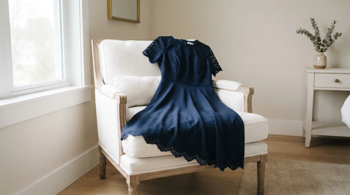 Size 14 women's cocktail dress arranged on a soft white chair in a bright room