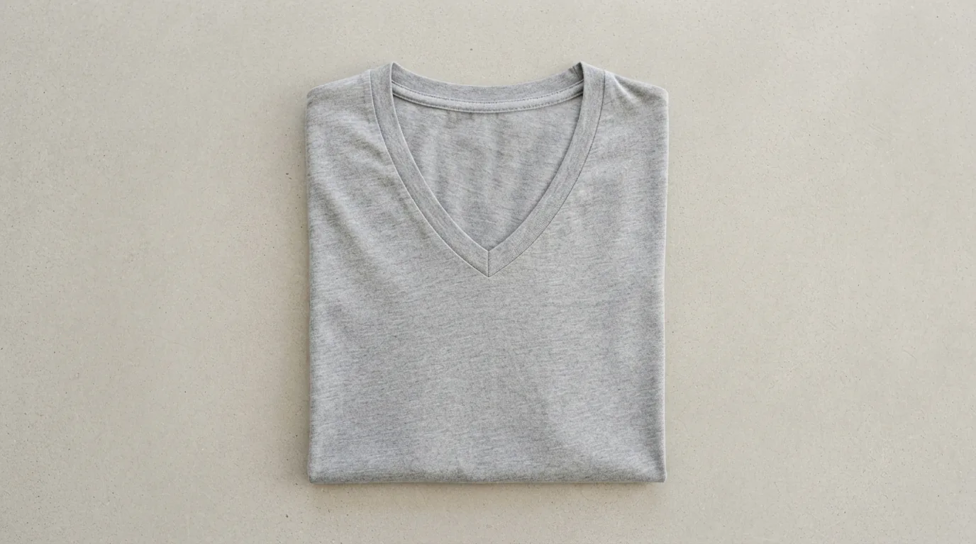 Classic V-neck tee folded on a neutral surface showing its neckline shape
