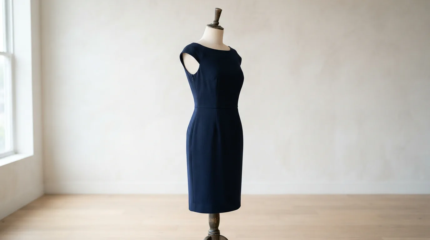 Size 10 women's cocktail dress displayed on a slim dress form in a bright studio corner