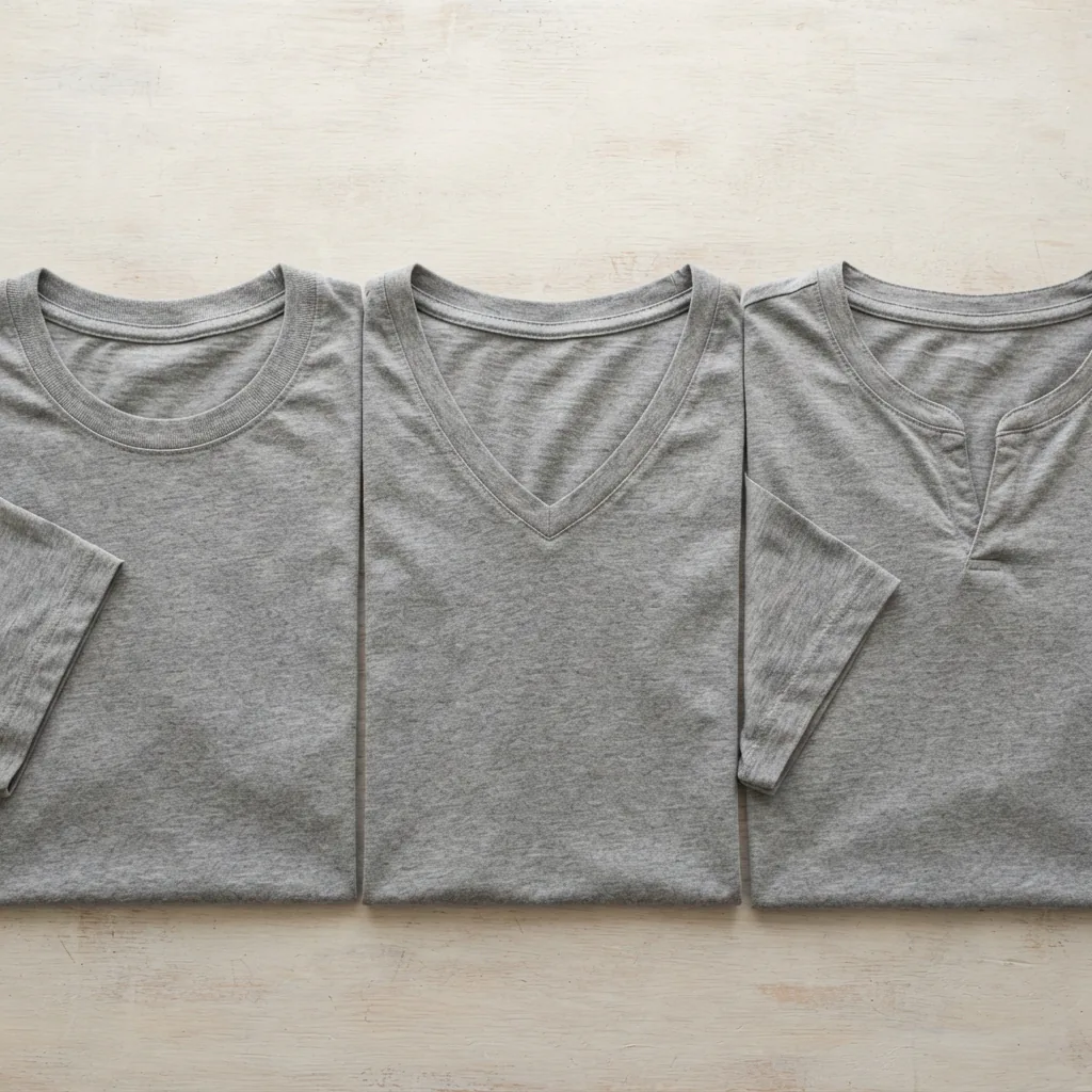 Three shirts with crew neck, V-neck and split necklines laid side by side for comparison